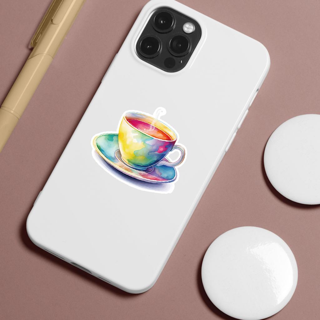 50 Sheets of Watercolor Tea Cup Series Graffiti Stickers, Waterproof Decorative Stickers for Computers, Creative DIY Stickers