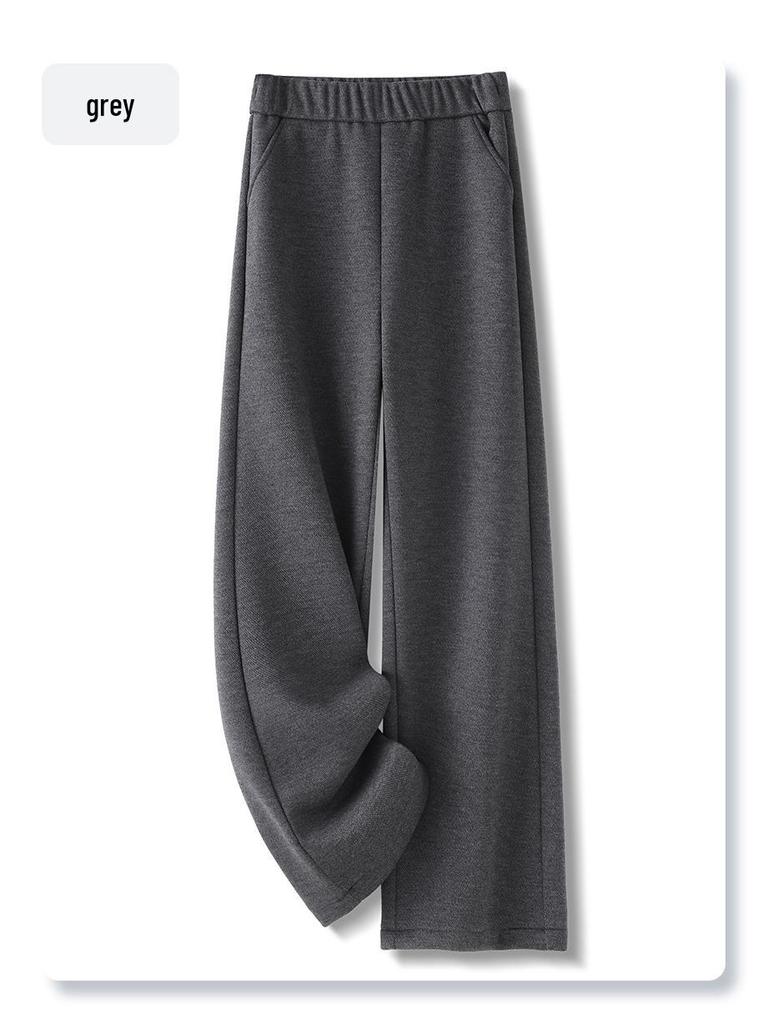 2024 Women's Gray Wool Wide-Leg Pants: Soft, Fleece-Lined, Thickened for Autumn/Winter