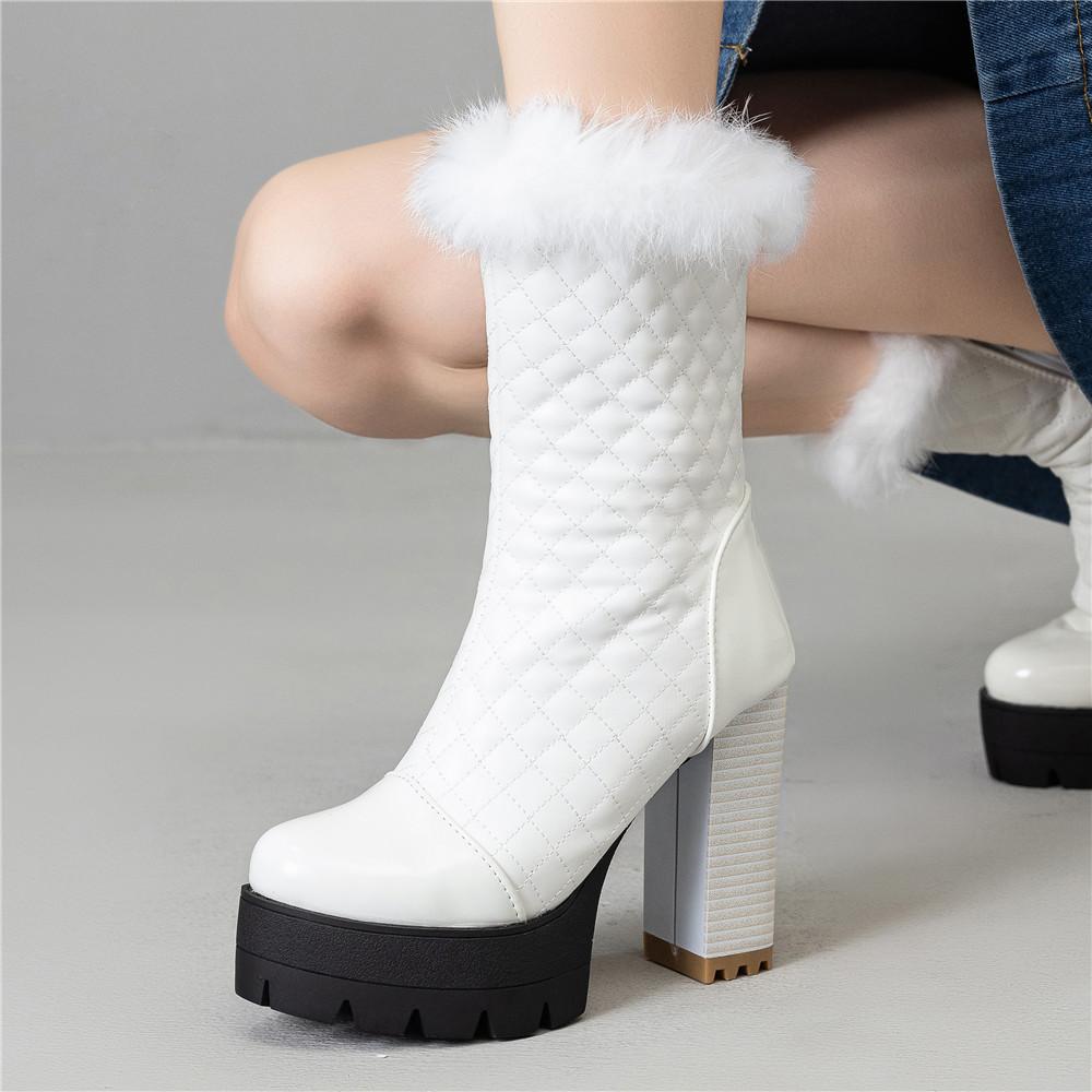 Fashion Womens Fur Thick High Heel Shoes Platform Elastic Band Side Zip Chelsea Boots Black Ankle Boot Zapatos Para Mujeres Motorcycle