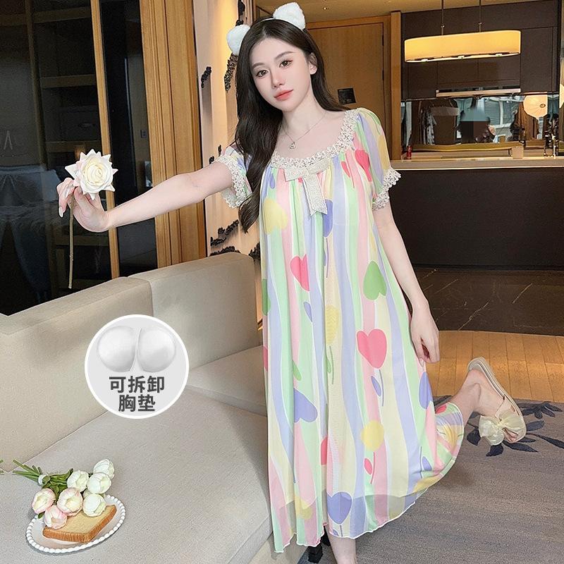 Linglei Летнее Кружевное Платье-Ночнушка с Принтом и Бантом, Сетчатое, В Стиле Придворной Принцессы, Женское M