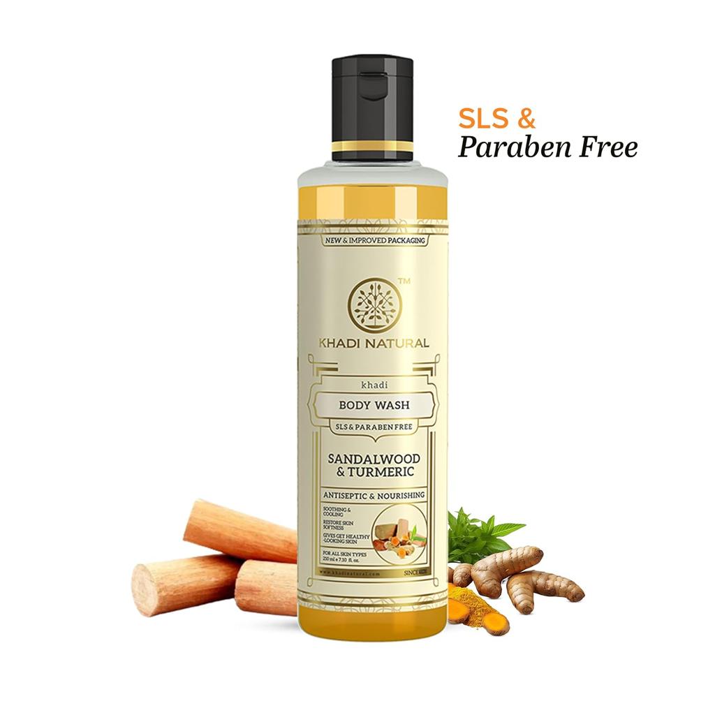 Khadi Herbal Sandal And Turmeric Body Wash 210 Ml SLS Paraben Free Gentle Cleansing Shower Gel For Soft Glowing Skin