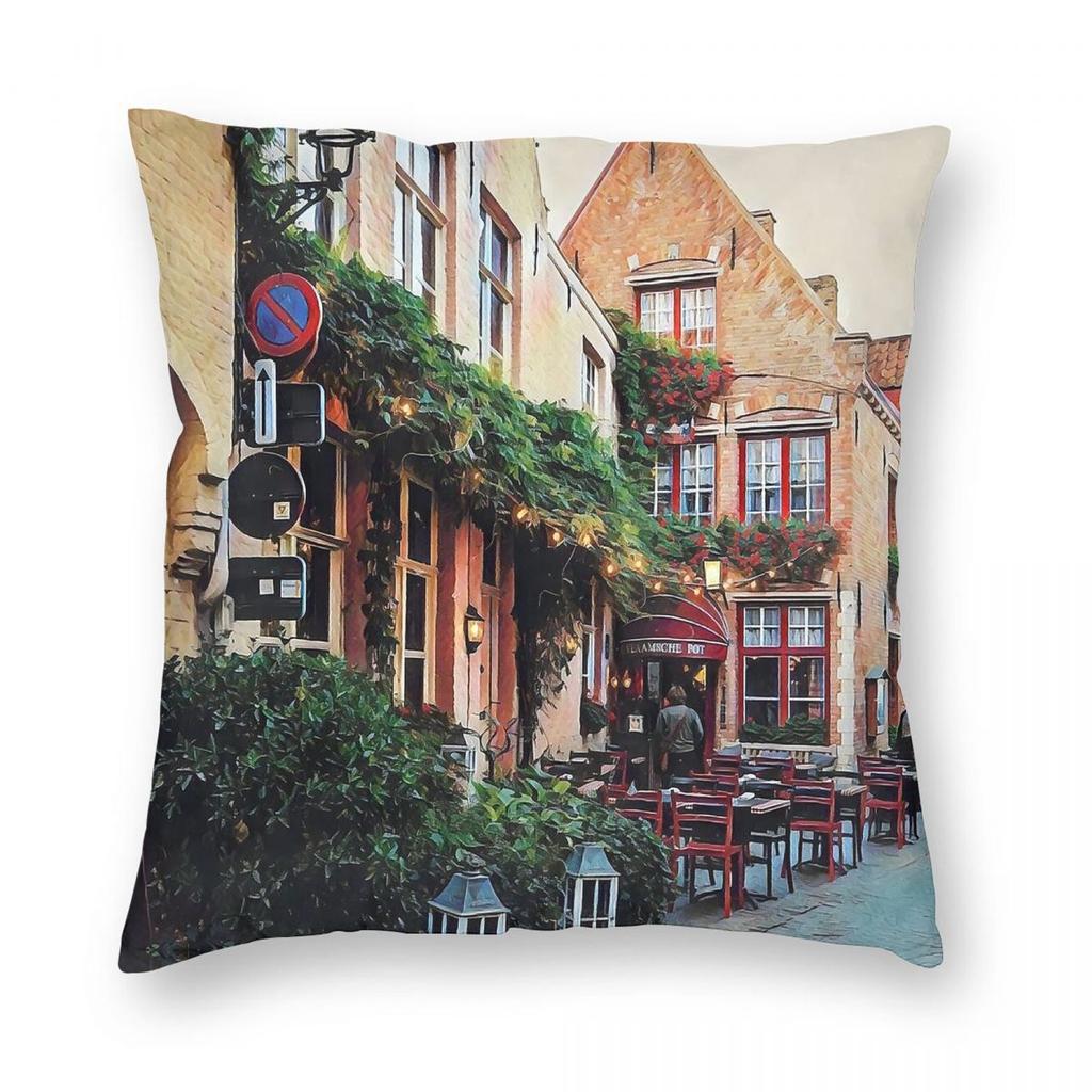Bruges Belgium Square Pillowcase Polyester Linen Velvet Printed Zip Decorative Sofa Cushion Cover X