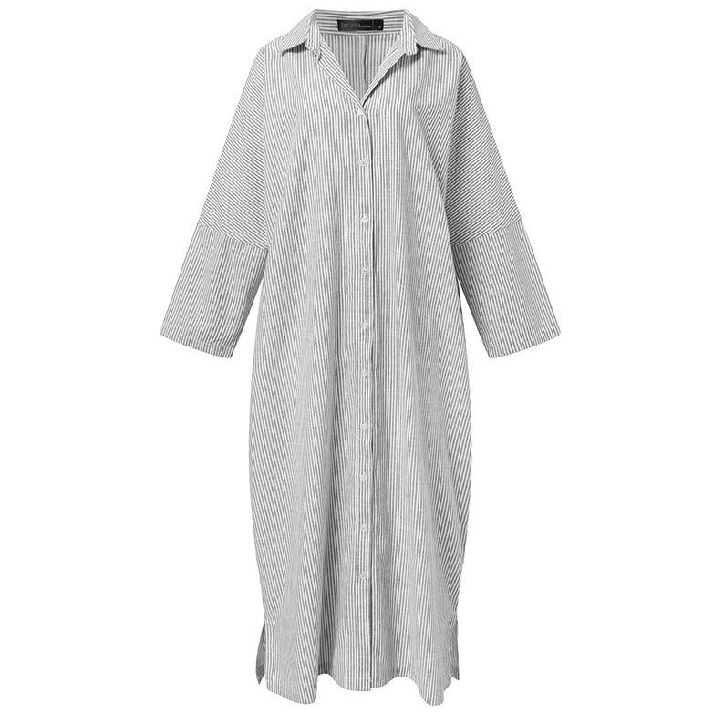Cotton Linen Striped Loose Plus Size Cardigan with Irregular Hem, Long Sleeve, Mid-length Dress