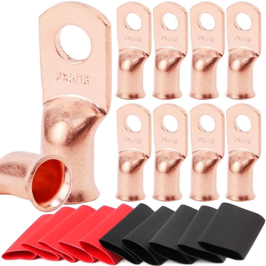 20pcs Copper Terminal Connectors, AWG 1/0 2/0 2 4 6 8 Ring Lug Kit With Shrink Tubing & Battery Cable Lugs
