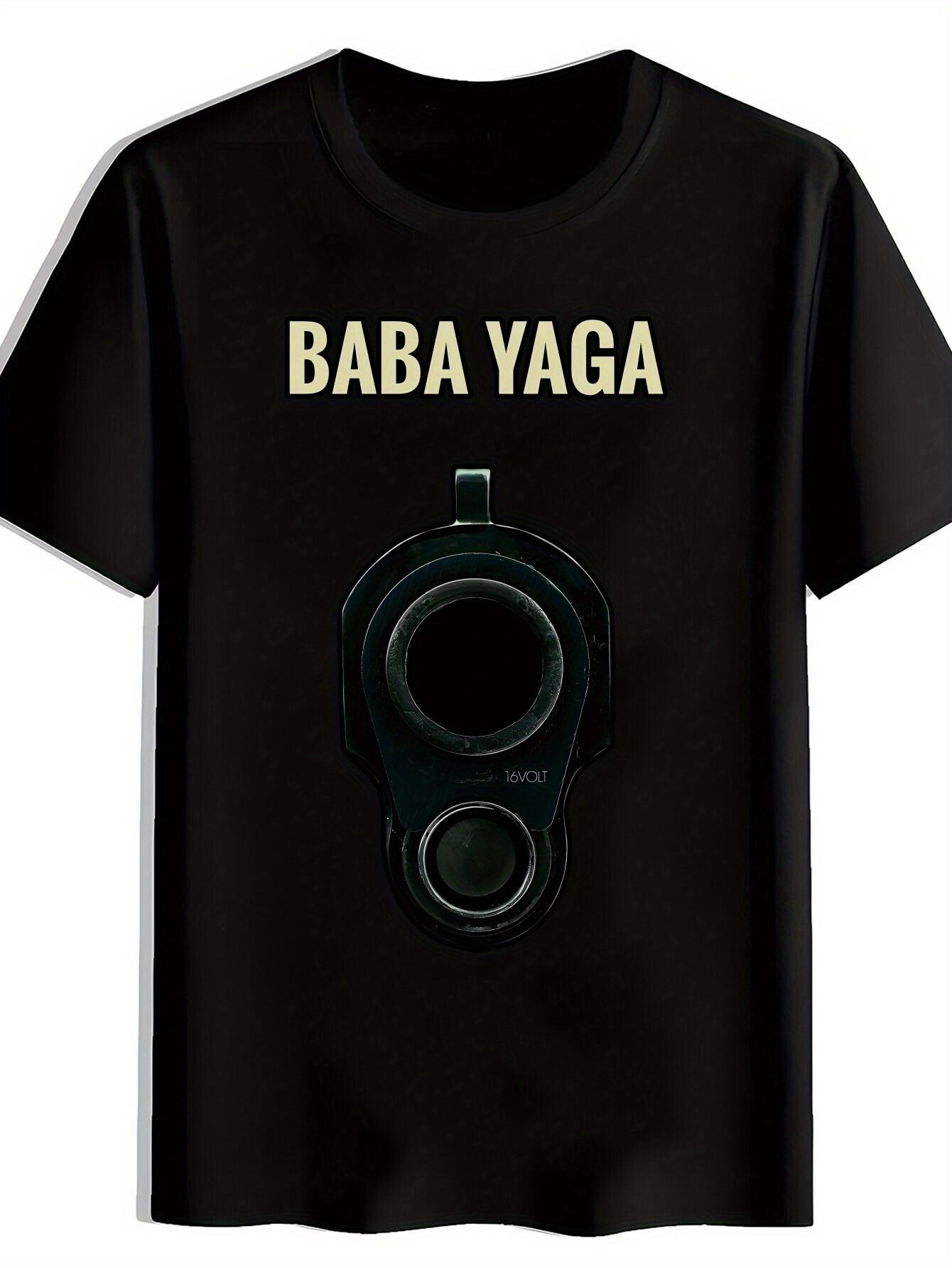 Casual Short Sleeve T-shirt with  BABA YAGA  Graphic Print - Black Polyester Crew Neck L
