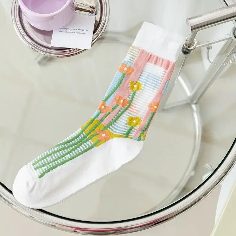 Flower Embroidery Crystal Silk Socks Summer Elastic Long Socks Hollow Out Thin Breathable Mesh Lace Socks Ultra-thin Transparent