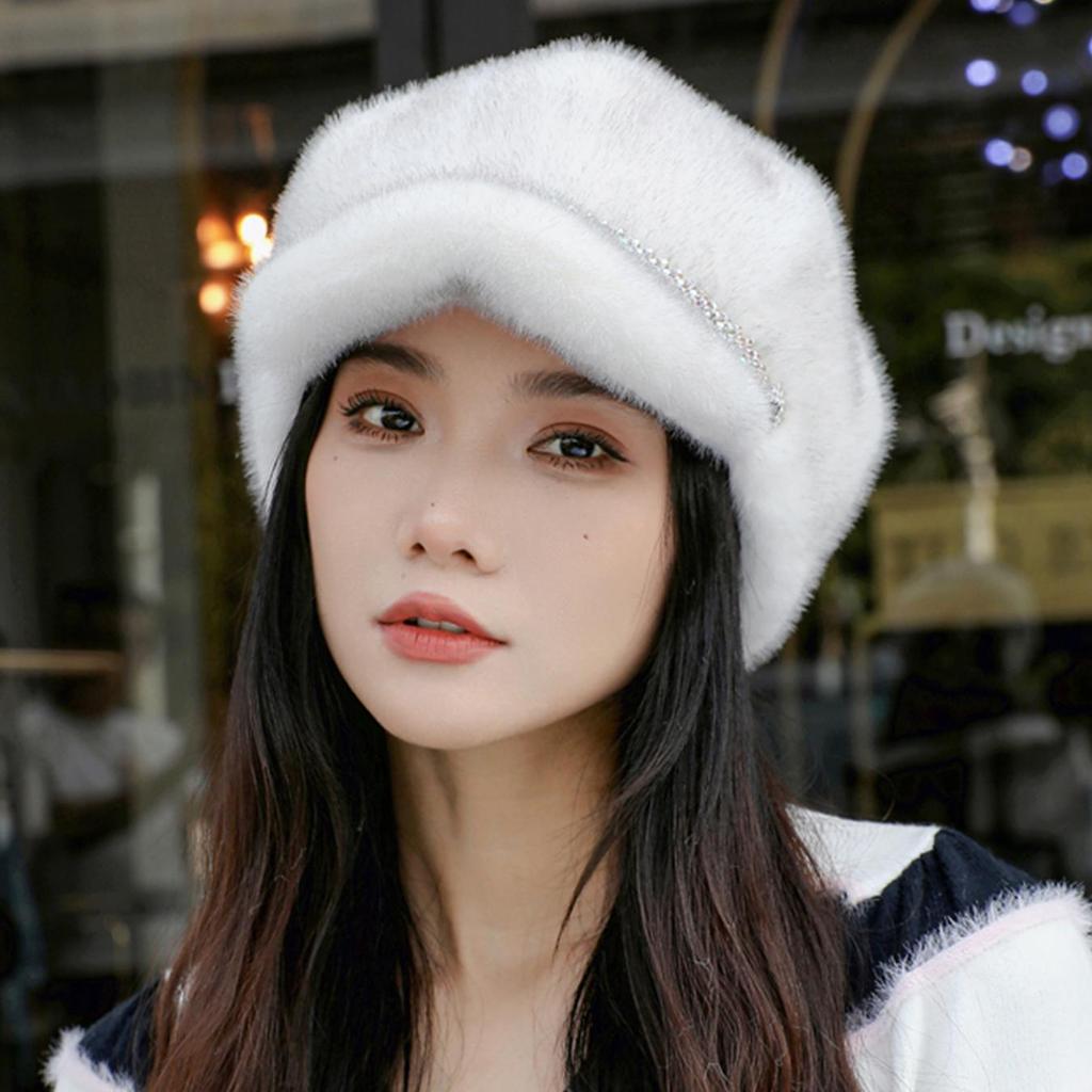 Luxury Faux Mink Fur Beret with Visor for Women, Winter Double Warmth Cotton Lined Hat, Stylish Outdoor Peaked Beret