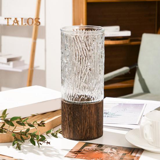 Klar Glass Sylinder Blomstervase med Trebunn Rustikk Bryllupsfest Spisebord Midtpunkt Hydroponisk Blomsterholder Gjennomsiktig Plantebeholder