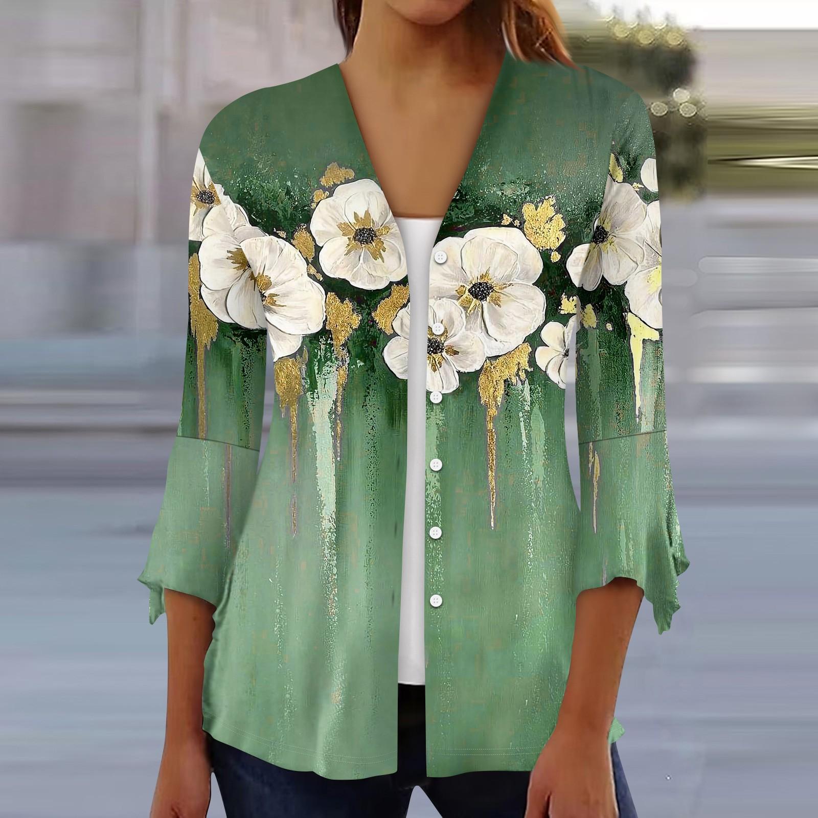 

3/4 Sleeve Shirts For Women Loose Fitting Printed T-shirt V-neck Ruffle Sleeves Tops S зелений