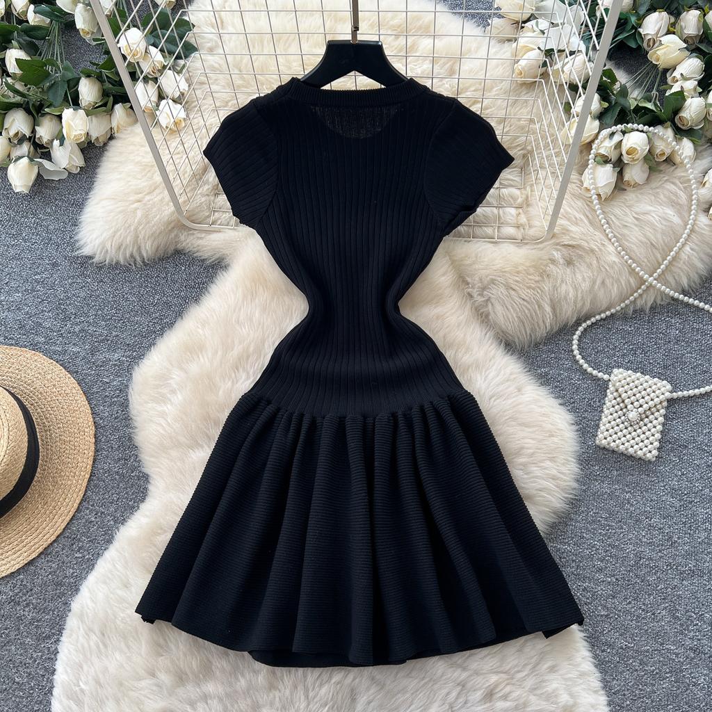 Commuter short-sleeved high-waisted A-word knitted dress women's black medium and long summer slim-fit sweater skirt