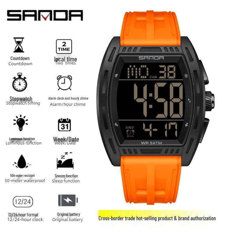 SANDA Men's Multifunctional Dual Time Waterproof Sport Watch - Fashion Tonneau Shape with Snooze Feature