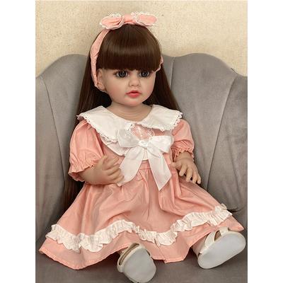 55 CM Reborn Dolls Long Hair Realistic Princess Full Body Silicone with Pink Clothes Baby Girl Soft Toddler Bebe Birthday Gift Toy