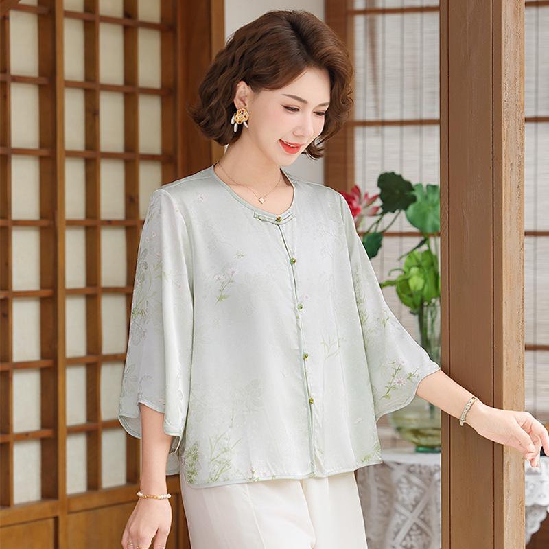 Summer 2026 Imitation Silk Short-Sleeve Blouse - Fashionable Plus Size for Middle-Aged & Elderly Moms