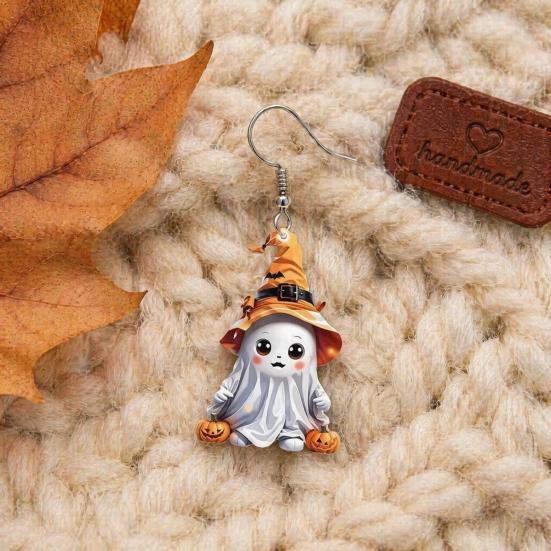 Smooth Polished Ear Pins 1 Pair Halloween Cute Ghost Earrings, Acrylic Dangle Earrings with Witch Durable Festive Hat Pumpkin Bat, Anti-Rust