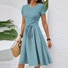 Women's Casual Fashion Belted Vintage Printed Short Sleeve Round Neck Elegant Dress