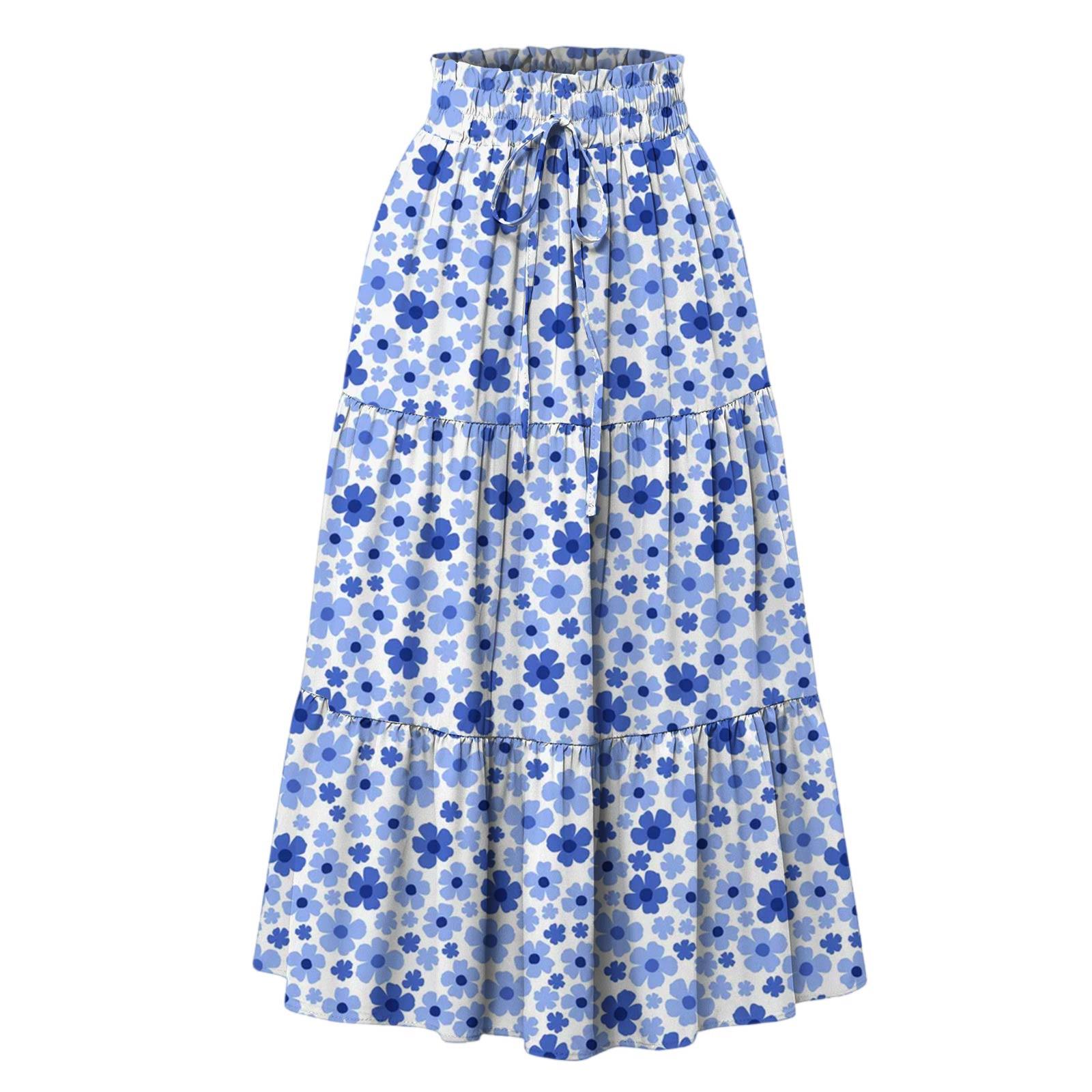 

Женская модная юбка свободного покроя с цветочным принтом и эластичным поясом без карманов XXL синий
