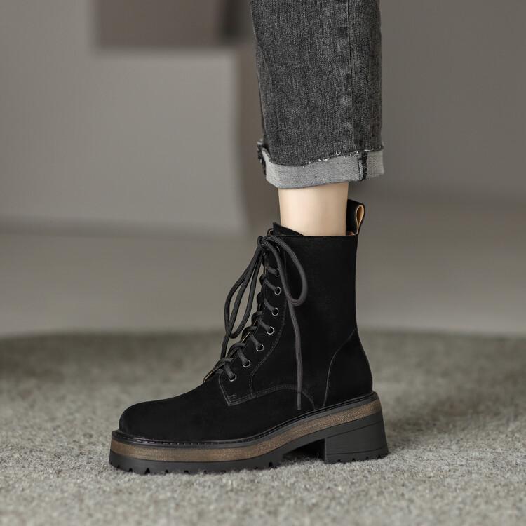 Fashion New Autumn Winter Cow Suede Women Boots Fashion Lace Platform Boots for Women Chunky Heel Short Boots Botines Mujer High Heels