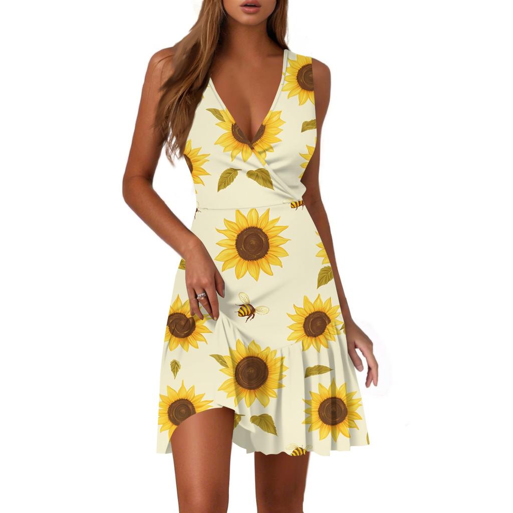 Ladies Casual Fashion V-Neck Sleeveless  Print Dress