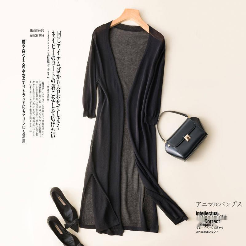 Women's Long Sleeve Summer Linen Knit Cardigan Dress – Thin Ice Silk Sun Protection with Hollow Out Design