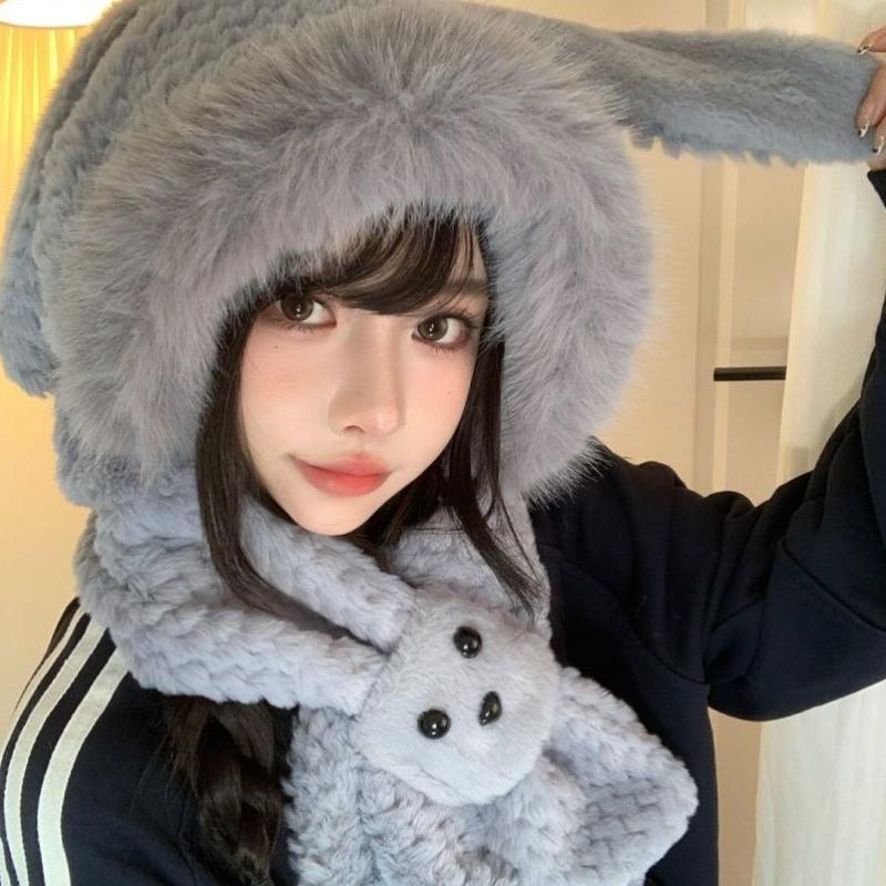 Cute Bunny Ear Plush Hat for Winter Thickened Warm Face-Flattering Ear Protection Scarf Integrated Cold Resistant Hat