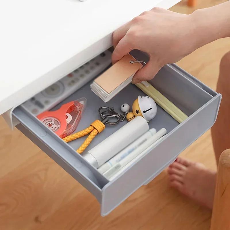 Under Desk Punch - free Self - Adhesive Storage Drawer Hanging Organizer School Stationery Case Pencil Tray Holder 2021