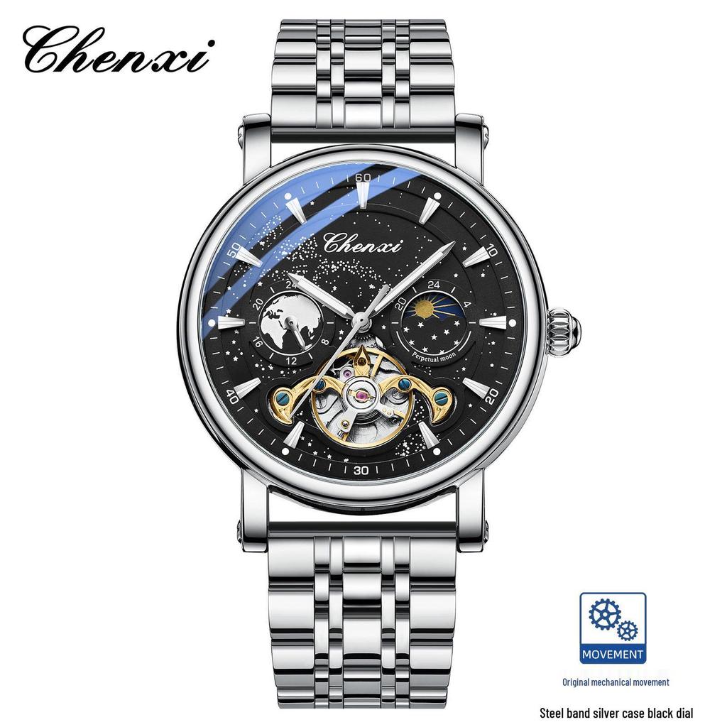 Dawn Star River Moon Phase Skeleton Tourbillon Men's Automatic Luminous Leather Strap Watch