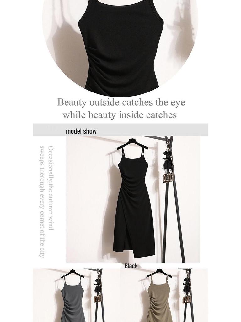 Plus Size Slimming Camisole Dress - Women's Waist-Cinched Spring/Summer Slit Outerwear Skirt
