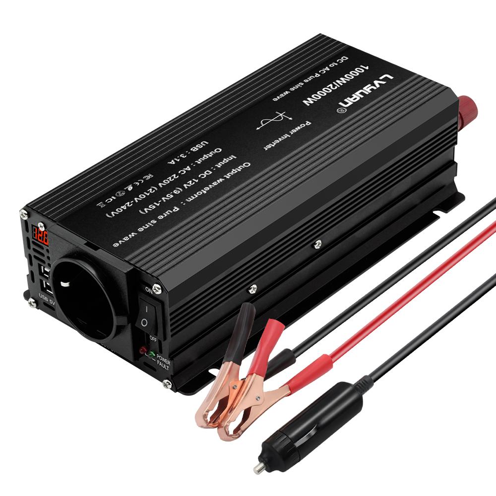 2000W (Vrchol) 12V až 230V 1000W Jmenovitý výkon Pure Sine Inverter 2 x 5V 2,4A USB Vhodné pro kempingové domácí solární systémy mimo síť