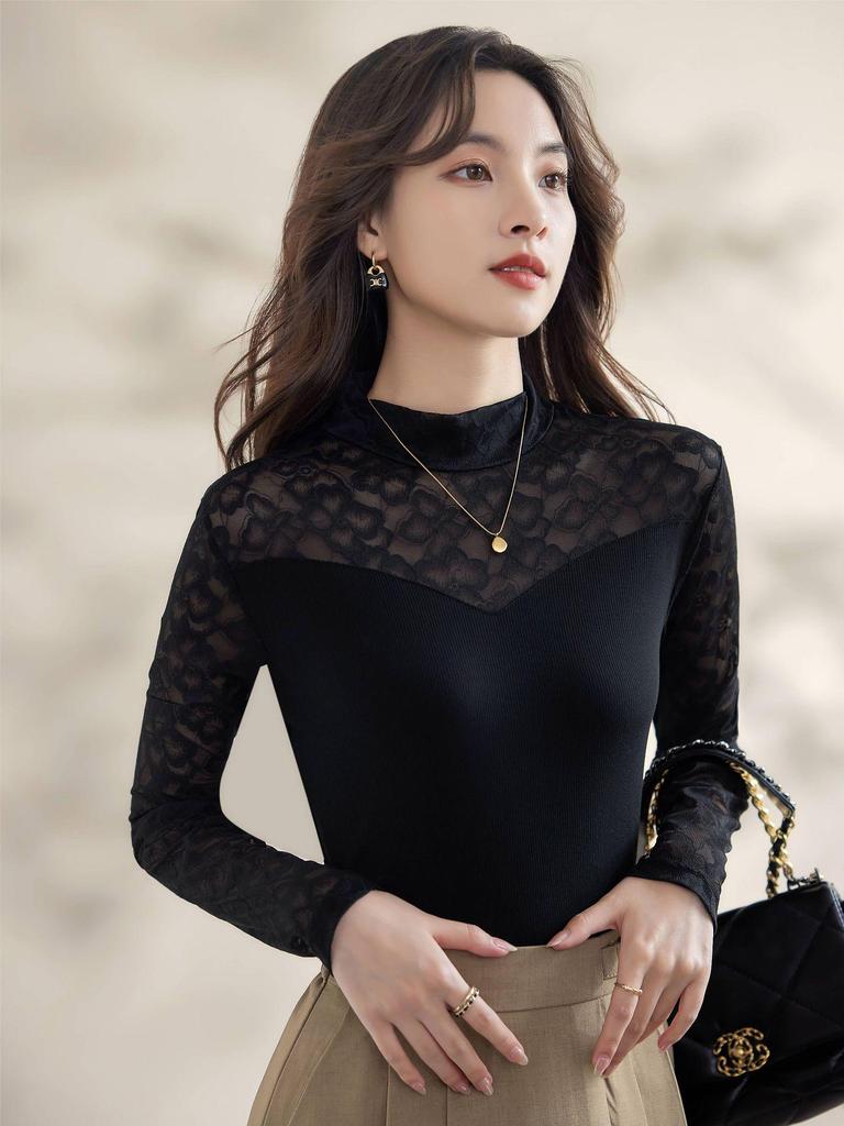 New Style Embroidered Mesh Lace Base Layer Shirt - Women's Slim Fit, Long Sleeve, Spring/Autumn Fashion Top