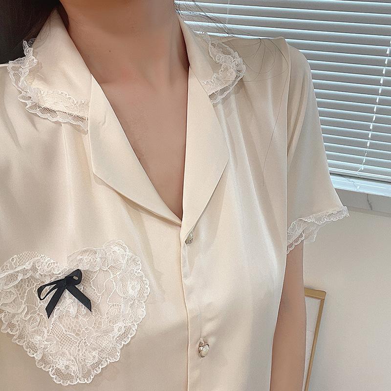 Youth Vitality Pattern Pajamas Women'S Summer Thin Side-Sleeved Lace Short-Sleeved Loungewear Two-Piece Set