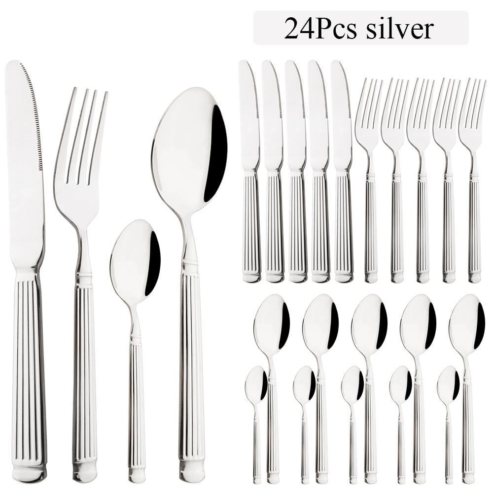 

Набор столовых приборов из нержавеющей стали 24 шт., черная утварь, кухонные ножи, вилки для торта, ложки, столовые приборы для дома, ресторана, набор столовых приборов серебряный