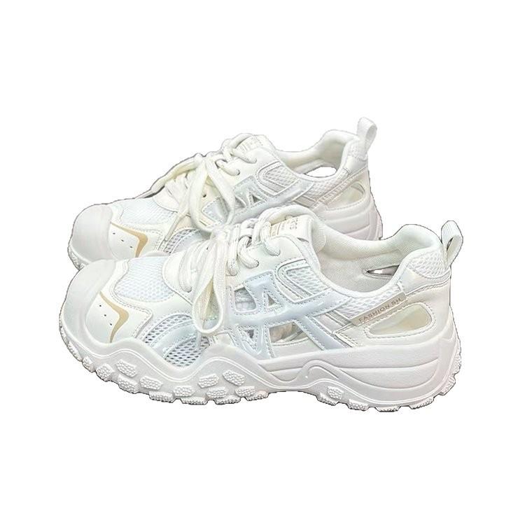 Dámské kožené platformové volnočasové boty 2025 léto nové univerzální prodyšné s výřezy dad shoes malé boty na zvýšení výšky sportovní boty