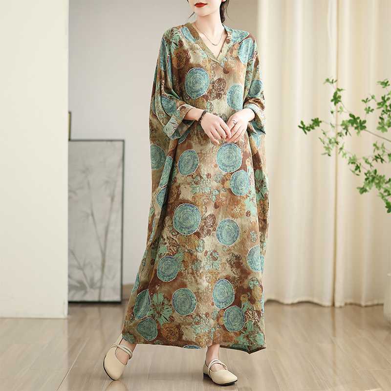 Women's New Color V-neck Retro Long Skirt Cotton Linen Dress