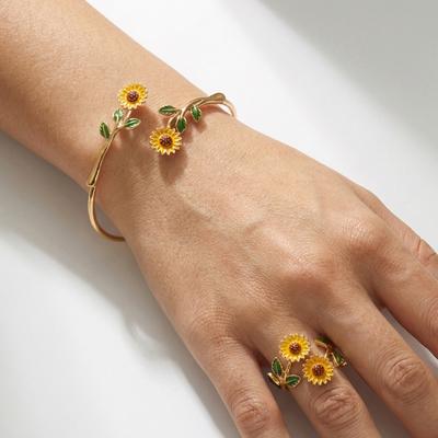 Enamel Camellia Sunflower Daisy Open Bracelet Ring Set Floral Jewelry Accessory Women Fashion Trend Gift Daily Accessory