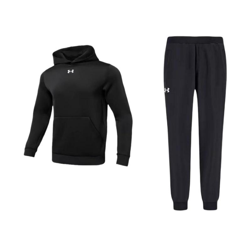 

Under Armour Solid Color Logo Long Sleeve Hoodie And Knit Cuffed Pants Casual Sports Set Men sets Black 21600705-001+-23600307-001 M