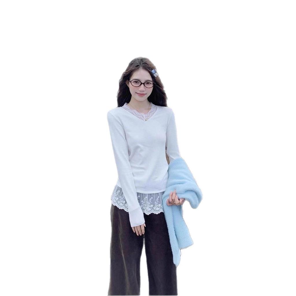 Korean Style Lace Patchwork V-neck Long-sleeve Casual Women's Top 2026