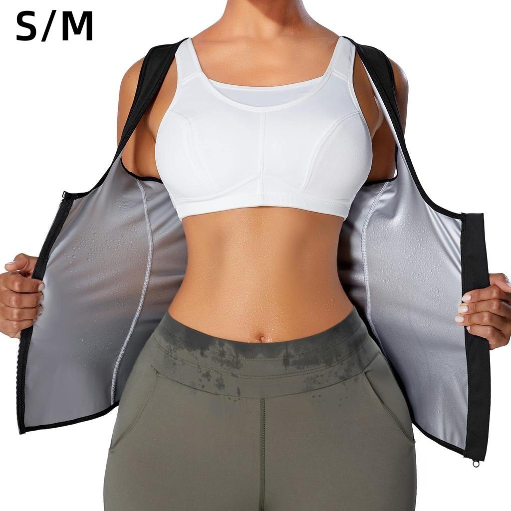 Women Sweat Vest Workout Top Fitness Running Vest Zipper Sauna Shirt Silver Coated Sweatshirt Fat Burning Exercise Sport Apparel Plus Size Gym Vest