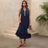 Spring/Summer New Color-Contrasting V-Neck Wide-Armhole Frill Sleeveless Beachy Long Dress for Women