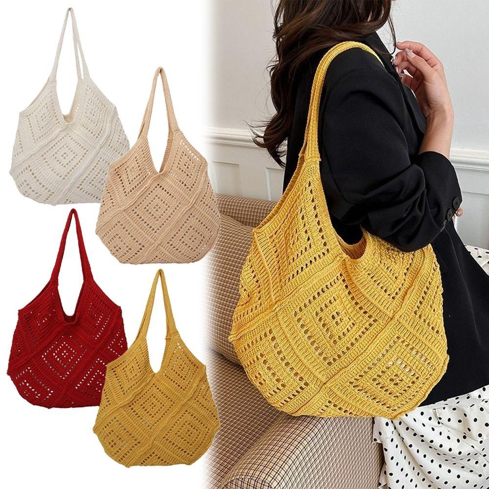 New Checkered Pattern Beach Tote Bag Polyester Large Capacity Shoulder Bags Hollow Design Shopping Bag for Summer