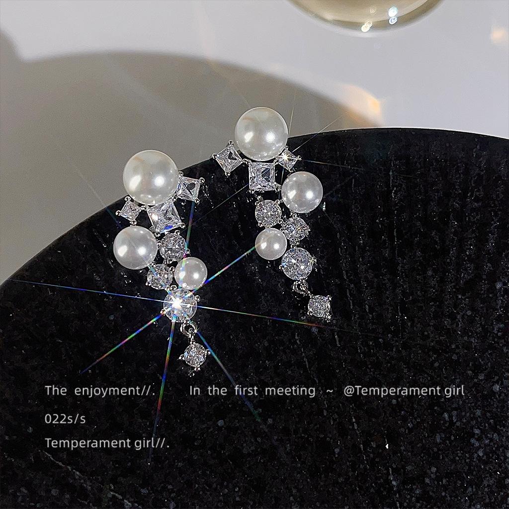 Starry | Real super flash size pearl tassel zircon earrings light luxury heavy industry temperament earrings