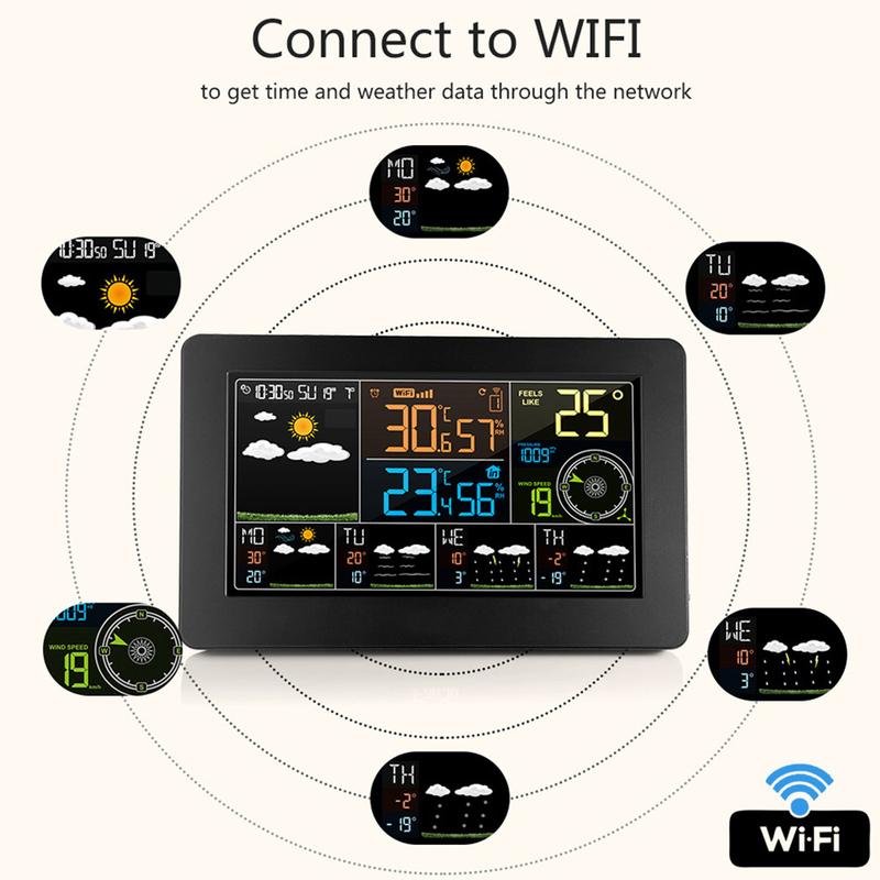 FJW4 Color WiFi Weather Station APP Control Smart Weather Monitor Indoor Outdoor Temperature Humidity Digital Clock Functions