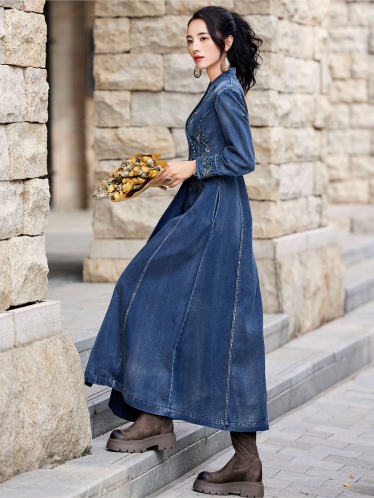 Johnature Frauen Frühling Mode Vintage Stickerei V-ausschnitt Denim Kleid Lose Retro Casual Kleid