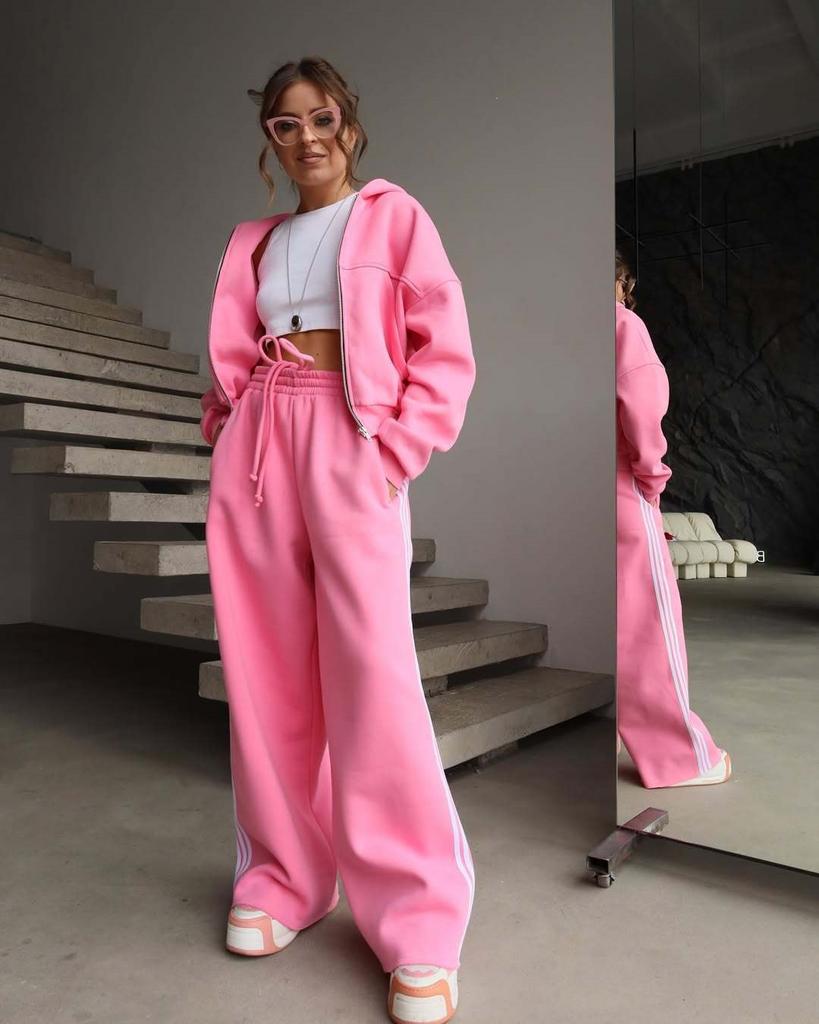 Sport und Freizeit neue Kapuzenjacke Kordelzug locker gerade kontrastierende gestreifte Hose Wide-Leg-Hose zweiteiliges Set Damen