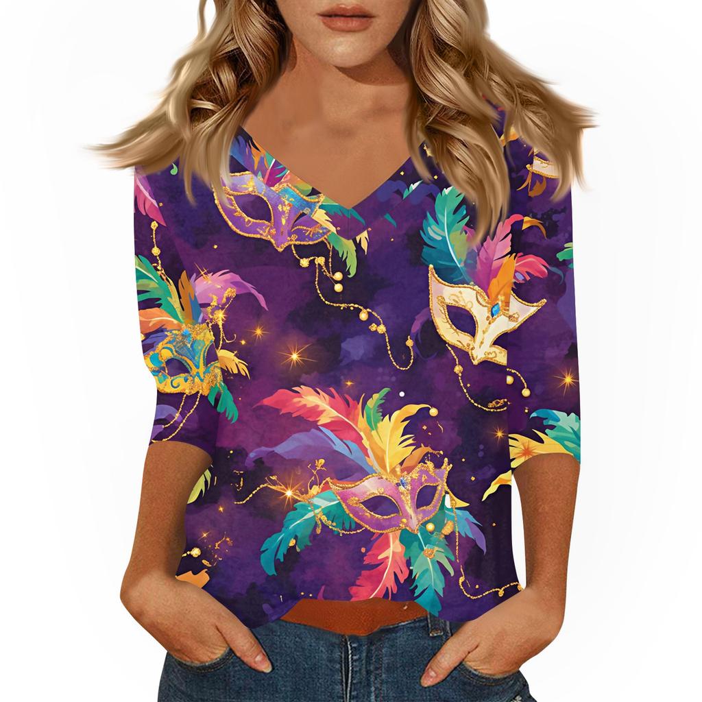 Women's T Shirt Print 3/4 Sleeve Daily Weekend Fashion Basic V- Neck Regular Top