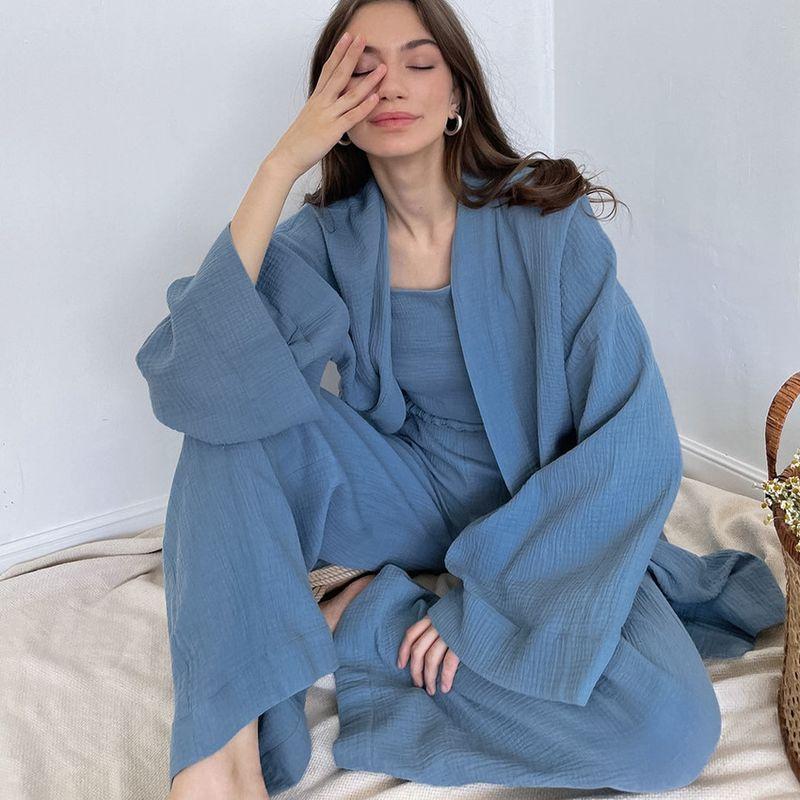 

Autumn French style Loose Nightgown and Trousers Two-Piece Set Women s Pajamas Blue Homewear Women Casual Suit Dark Blue S