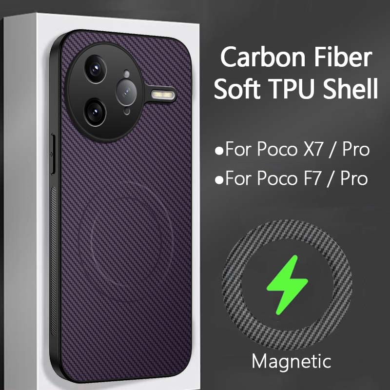 Carbon Fiber Magnetic Case For Xiaomi Poco F7 X7 Pro Ultra Thin Hard Matte Back Camera Protector Shockproof TPU Bumper Shell