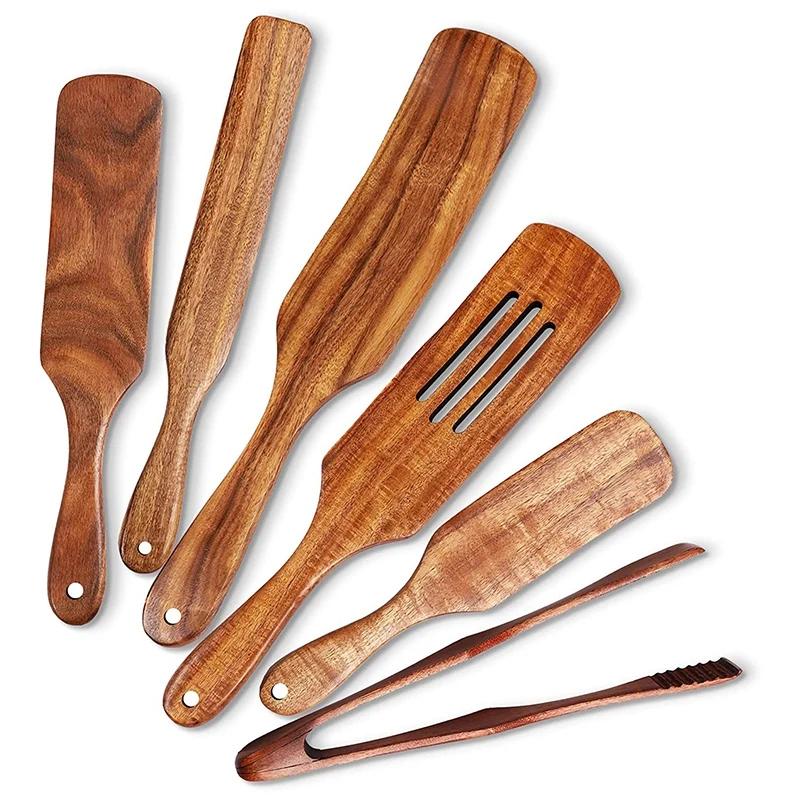 6 Pcs Wooden Spurtle Set Teak Spurtle Set Heat Resistant Wooden Spatula Cooking Utensils Set Non-Stick Wooden Spoons CN