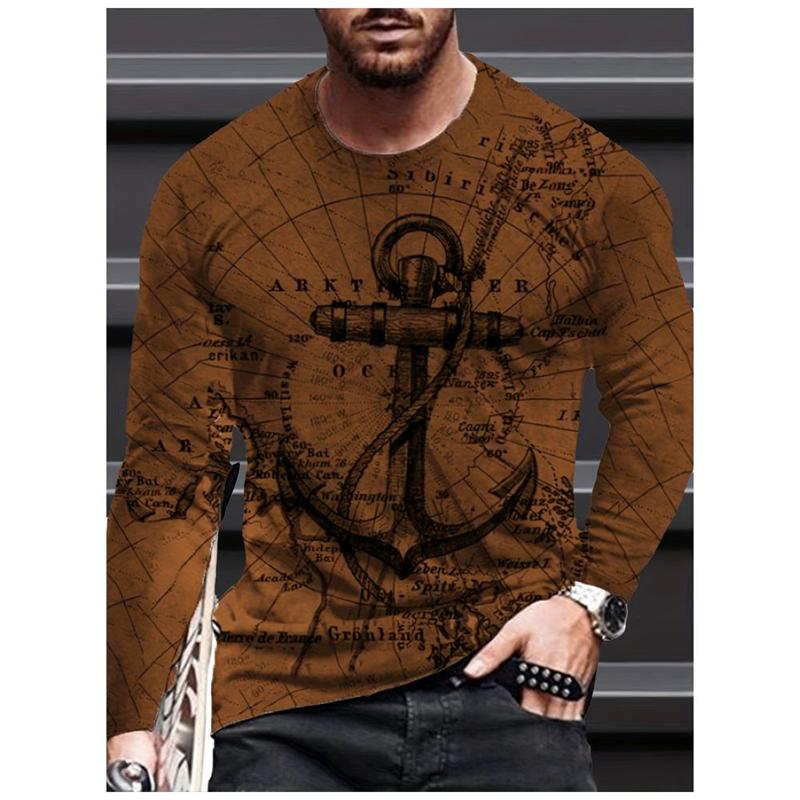 Vintage Compass Graphic Men's T-shirts Fashion Spring Autumn Long Sleeve Round 3D Printed Loose Streetwear Tops
