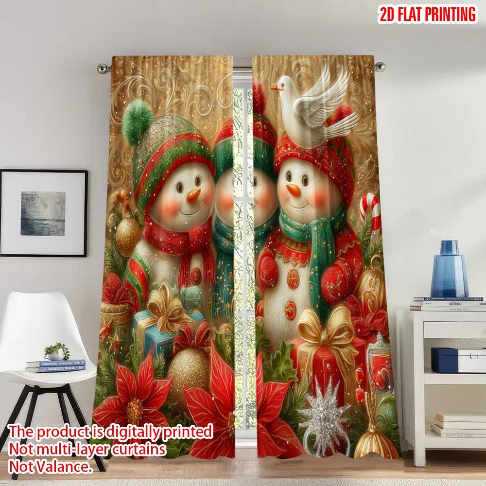 

Set Of 2 Flat Printing Merry Christmas Curtains Snowmen Poinsettia Gift Digital Printed Polyester Drapes Holiday Curtain W100*H70(CM)-Rod Pocket&1PCS