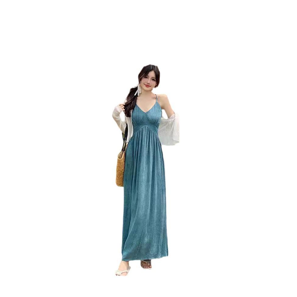 Women's Plus Size Summer A-Line V-Neck Suspender Dress, Chinese Style with Slim Waist and Tube Top Design